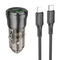 АЗУ BOROFONE BZ25, 1USB/1Type-C, QC3.0+PD20W, 3A + Type-C/Lightning 1м, прозрачный черный