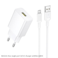 СЗУ BOROFONE BA111A, 1USB, QC3.0, 15W, 3А + MicroUSB 1м, белый 