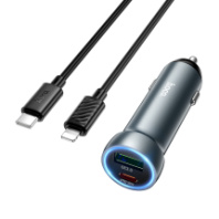 АЗУ Hoco Z54A, 1USB/1Type-C, QC3.0+PD30W, 3A, + Type-C/Lightning 1м, удлиненный, метал. серый