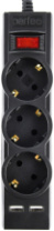 Сетевой фильтр Perfeo "POWER-S" 3 розетки, 2USB, двойная защита, 10А, 2500Вт, 5м, черный