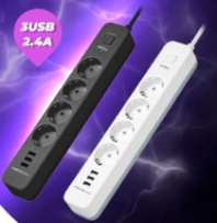 Сетевой фильтр Perfeo "POWER STREAM" 4 розетки, защитные шторки, 3USB, 10А, 2500Вт, 2м, черный