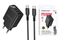 СЗУ BOROFONE BA98A, 1USB/2Type-C, QC3.0+PD30W, 3А + Type-C/Type-C 1м, с дисплеем, черный