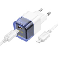 СЗУ Hoco C125A, 1Type-C, QC3.0+PD20W, 3A + Type-C/Lightning 1м, прозрачный синий СЗУ Hoco C125A, 1Type-C, QC3.0+PD20W, 3A + Type-C/Lightning 1м, прозрачный синий
