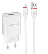 СЗУ BOROFONE BA20A, 1USB, 2.1A + MicroUSB 1м, белый