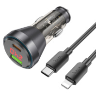 АЗУ Hoco NZ12B, 1USB/1Type-C, QC3.0+PD48W, 3A + Type-C/Lightning 1м, прозрачный черный АЗУ Hoco NZ12B, 1USB/1Type-C, QC3.0+PD48W, 3A + Type-C/Lightning 1м, прозрачный черный