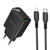 СЗУ BOROFONE BA98A, 1USB/2Type-C, QC3.0+PD30W, 3А + Type-C/Lightning 1м, с дисплеем, черный