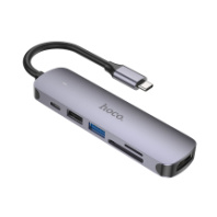 Type-C хаб HOCO HB28 (HDMI+USB3.0+USB2.0+Type-C(PD)+SD+TF+питание Type-C) метал.серый