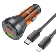АЗУ Hoco NZ12B, 1USB/1Type-C, QC3.0+PD48W, 3A + Type-C/Lightning 1м, прозрачный оранжевый
