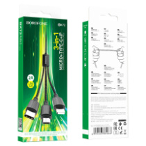 Кабель BOROFONE BX72 3в1 MicroUSB+Lightning+Type-C, 2А, тканевая оплетка, 1м, черный