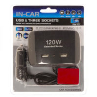 Разветвитель прикуривателя, 3 выхода+2USB, 120W, 1511 с кабелем, черный
