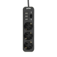 Сетевой фильтр Perfeo "POWER STREAM" 3 розетки, 3USB, двойная защита, 10А, 2500Вт, 4м, черный