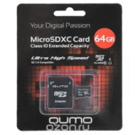 Карта памяти micro SD 64GB Qumo class 10 UHS с адаптером